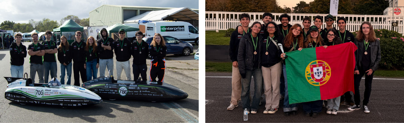 Equipa PSEM do Técnico com os seus veículos de competição e a bandeira de Portugal
