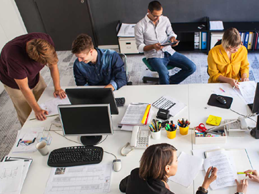  People working represents the sharing files, data and news with team