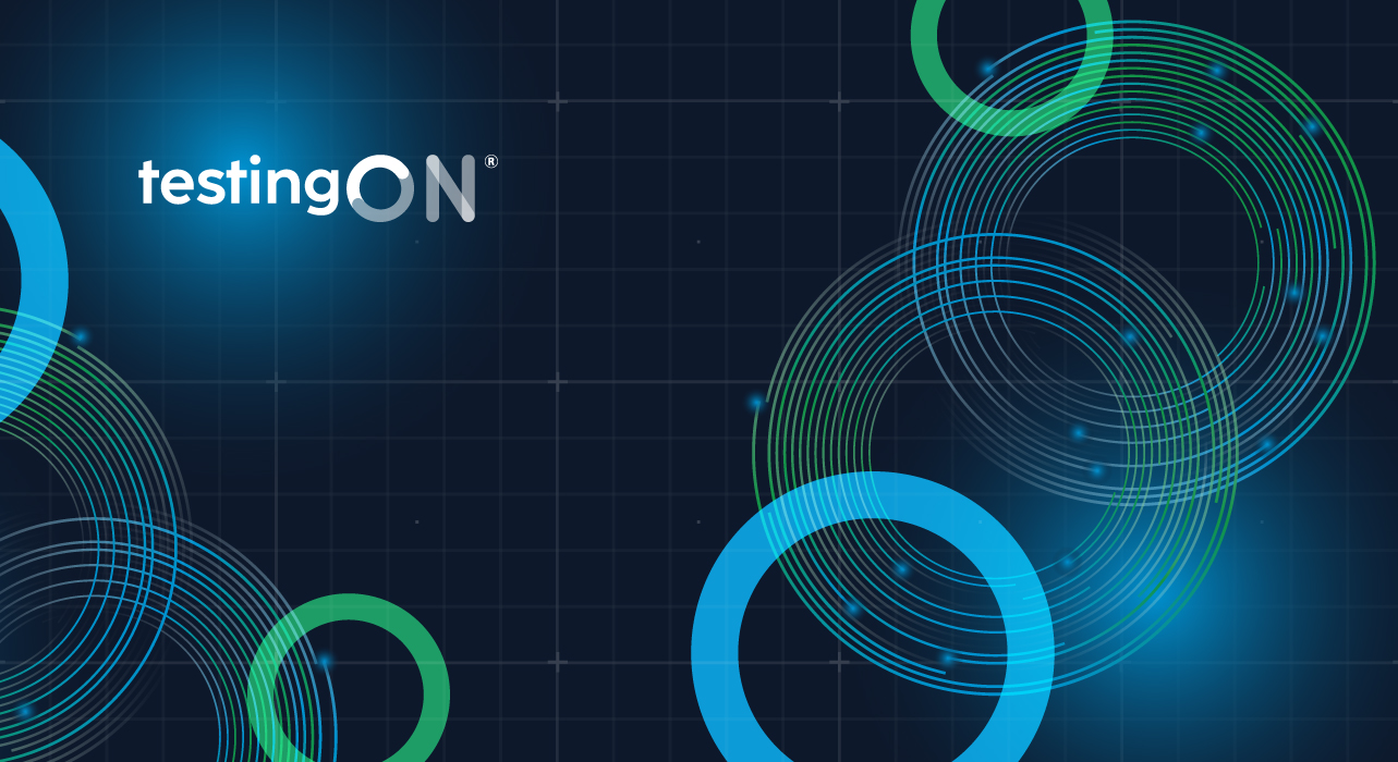 testingON platform logo against a dark blue background featuring geometric patterns and digital graphics